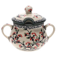 A picture of a Polish Pottery 3.5" Traditional Sugar Bowl (Cherry Blossom) | C015S-DPGJ as shown at PolishPotteryOutlet.com/products/the-traditional-sugar-bowl-cherry-blossom