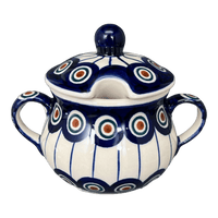 A picture of a Polish Pottery 3.5" Traditional Sugar Bowl (Peacock in Line) | C015T-54A as shown at PolishPotteryOutlet.com/products/the-traditional-sugar-bowl-peacock-in-line-c015t-54a