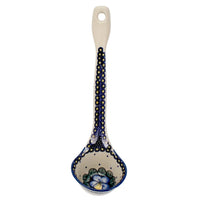 A picture of a Polish Pottery Soup Ladle (Pansies) | C020S-JZB as shown at PolishPotteryOutlet.com/products/soup-ladle-pansies