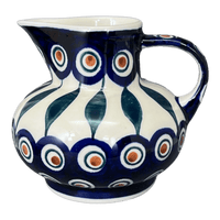 A picture of a Polish Pottery Big Belly Creamer (Peacock) | D008T-54 as shown at PolishPotteryOutlet.com/products/big-belly-creamer-peacock-d008t-54
