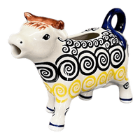A picture of a Polish Pottery Cow Creamer (Hypnotic Night) | D081M-CZZC as shown at PolishPotteryOutlet.com/products/cow-creamer-hypnotic-night-d081m-czzc