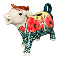 A picture of a Polish Pottery Cow Creamer (Poppies in Bloom) | D081S-JZ34 as shown at PolishPotteryOutlet.com/products/cow-creamer-poppies-in-bloom-d081s-jz34