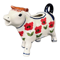 A picture of a Polish Pottery Cow Creamer (Poppy Garden) | D081T-EJ01 as shown at PolishPotteryOutlet.com/products/cow-creamer-poppy-garden-d081t-ej01