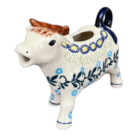 A picture of a Polish Pottery Cow Creamer (Fandango) | D081T-IZ13 as shown at PolishPotteryOutlet.com/products/cow-creamer-fandango-d081t-iz13