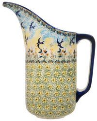 A picture of a Polish Pottery 1.5 Liter Fancy Pitcher (Soaring Swallows) | D084S-WK57 as shown at PolishPotteryOutlet.com/products/1-7-qt-fancy-pitcher-soaring-swallows