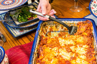 A picture of a Polish Pottery Deep Dish Lasagna Pan (Crimson Twilight) | Z139S-WK63 as shown at PolishPotteryOutlet.com/products/deep-dish-lasagna-pan-crimson-twilight