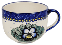 A picture of a Polish Pottery Latte Cup (Pansies) | F044S-JZB as shown at PolishPotteryOutlet.com/products/large-latte-soup-cups-pansies