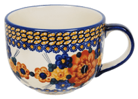 A picture of a Polish Pottery Latte Cup (Bouquet in a Basket) | F044S-JZK as shown at PolishPotteryOutlet.com/products/large-latte-soup-cups-bouquet-in-a-basket