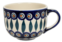 A picture of a Polish Pottery Latte Cup (Peacock) | F044T-54 as shown at PolishPotteryOutlet.com/products/large-latte-soup-cups-peacock