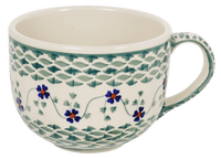 A picture of a Polish Pottery Cup, Latte, 18 oz in "Woven Pansies" by Manufaktura | F044T-RV as shown at PolishPotteryOutlet.com/products/large-latte-soup-cups-woven-pansies