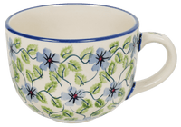 A picture of a Polish Pottery Latte Cup (Periwinkle Vine) | F044U-TAB1 as shown at PolishPotteryOutlet.com/products/large-latte-soup-cups-periwinkle-vine
