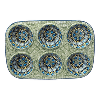 A picture of a Polish Pottery Muffin Pan (Blue Bells) | F093S-KLDN as shown at PolishPotteryOutlet.com/products/muffin-pan-blue-bells-f093s-kldn