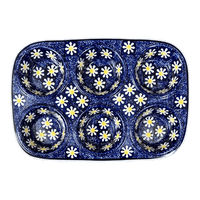 A picture of a Polish Pottery Muffin Pan (Mornin' Daisy) | F093T-AM as shown at PolishPotteryOutlet.com/products/muffin-pan-mornin-daisy-f093t-am