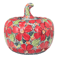 A picture of a Polish Pottery Jack-O-Lantern Luminary (Red Daisy) | GAD28D-AC as shown at PolishPotteryOutlet.com/products/jack-o-lantern-luminary-red-daisy-gad28d-ac