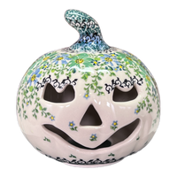 A picture of a Polish Pottery Small Jack-O-Lantern Luminary (Blue & Green Dream) | GAD33D-UHP2 as shown at PolishPotteryOutlet.com/products/small-jack-o-lantern-luminary-uhp2-gad33d-uhp2