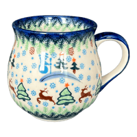 A picture of a Polish Pottery Large Belly Mug (Reindeer Dance) | GK04D-USB1 as shown at PolishPotteryOutlet.com/products/large-belly-mug-usb1-gk04d-usb1
