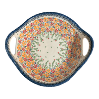 A picture of a Polish Pottery 11.5" Basket Bowl with Handles (Red & Orange Dream) | GMU07-UHP as shown at PolishPotteryOutlet.com/products/11-5-basket-bowl-with-handles-uhp-gmu07-uhp