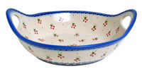 A picture of a Polish Pottery 11.5" Basket Bowl with Handles (Currant Berry) | GMU07-PJ as shown at PolishPotteryOutlet.com/products/11-5-basket-bowl-with-handles-pj