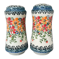 A picture of a Polish Pottery Salt & Pepper Shakers (Red & Orange Dream) | GSP012-UHP as shown at PolishPotteryOutlet.com/products/salt-pepper-shakers-uhp-gsp012-uhp