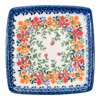 A picture of a Polish Pottery Small Square Plate (Red & Orange Dream) | GT05-UHP as shown at PolishPotteryOutlet.com/products/small-square-plate-uhp-gt05-uhp