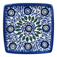 A picture of a Polish Pottery Small Square Plate (Peacock Vine) | GT05-UPL as shown at PolishPotteryOutlet.com/products/small-square-plate-upl-gt05-upl
