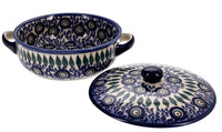 A picture of a Polish Pottery Small Lidded Baker With Handles (Peacock Vine) | GZ04P-UPL as shown at PolishPotteryOutlet.com/products/small-lidded-baker-with-handles-upl-gz04p-upl