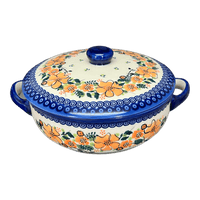 A picture of a Polish Pottery Small Lidded Baker With Handles (Orange Bouquet) | GZ04P-UWP2 as shown at PolishPotteryOutlet.com/products/small-lidded-baker-with-handles-orange-bouquet-gz04p-uwp2