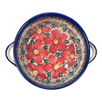 A picture of a Polish Pottery Round Lidded Baker With Handles (Poinsettias) | GZ05P-AS5 as shown at PolishPotteryOutlet.com/products/round-lidded-baker-with-handles-as5-gz05p-as5