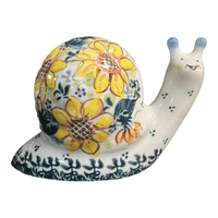 A picture of a Polish Pottery Small Snail Figurine (Sunflower Party) | GZW01-ASZ1 as shown at PolishPotteryOutlet.com/products/small-snail-figurine-asz1-gzw01-asz1