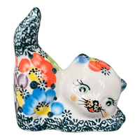 A picture of a Polish Pottery Small Cat Figurine (Rainbow Bouquet) | GZW07-AV3 as shown at PolishPotteryOutlet.com/products/small-cat-figurine-rainbow-bouquet-gzw07-av3