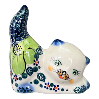 A picture of a Polish Pottery Small Cat Figurine (Green Daisy) | GZW07-GAZ as shown at PolishPotteryOutlet.com/products/small-cat-figurine-az-gzw07-gaz