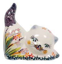 A picture of a Polish Pottery Small Cat Figurine (Morning Meadow) | GZW07-ULA as shown at PolishPotteryOutlet.com/products/small-cat-figurine-ula