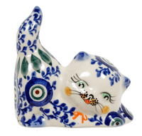 A picture of a Polish Pottery Small Cat Figurine (Peacock Vine) | GZW07-UPL as shown at PolishPotteryOutlet.com/products/small-cat-figurine-upl
