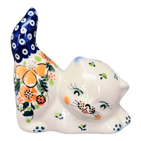 A picture of a Polish Pottery Small Cat Figurine (Orange Bouquet) | GZW07-UWP2 as shown at PolishPotteryOutlet.com/products/small-cat-figurine-orange-bouquet-gzw07-uwp2