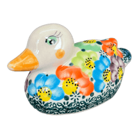A picture of a Polish Pottery Duck Figurine (Rainbow Bouquet) | GZW17-AV3 as shown at PolishPotteryOutlet.com/products/duck-figurine-rainbow-bouquet-gzw17-av3