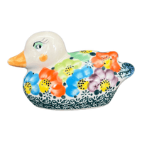A picture of a Polish Pottery Duck Figurine (Rainbow Bouquet) | GZW17-AV3 as shown at PolishPotteryOutlet.com/products/duck-figurine-rainbow-bouquet-gzw17-av3