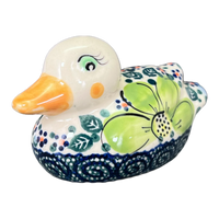 A picture of a Polish Pottery Duck Figurine (Green Daisy) | GZW17-GAZ as shown at PolishPotteryOutlet.com/products/duck-figurine-az-gzw17-gaz