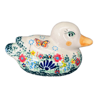 A picture of a Polish Pottery Duck Figurine (Butterfly Spring) | GZW17-UD1 as shown at PolishPotteryOutlet.com/products/duck-figurine-ud1-gzw17-ud1