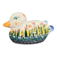 A picture of a Polish Pottery Duck Figurine (Morning Meadow) | GZW17-ULA as shown at PolishPotteryOutlet.com/products/duck-figurine-ula-gzw17-ula