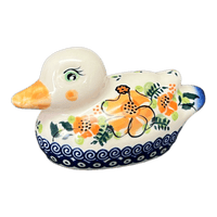 A picture of a Polish Pottery Duck Figurine (Orange Bouquet) | GZW17-UWP2 as shown at PolishPotteryOutlet.com/products/duck-figurine-orange-bouquet-gzw17-uwp2