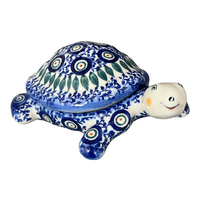 A picture of a Polish Pottery Turtle Box/Figurine (Peacock Vine) | GZW20-UPL as shown at PolishPotteryOutlet.com/products/turtle-box-figurine-peacock-vine-gzw20-upl
