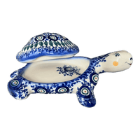 A picture of a Polish Pottery Turtle Box/Figurine (Peacock Vine) | GZW20-UPL as shown at PolishPotteryOutlet.com/products/turtle-box-figurine-peacock-vine-gzw20-upl
