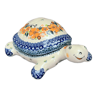 A picture of a Polish Pottery Turtle Box/Figurine (Orange Bouquet) | GZW20-UWP2 as shown at PolishPotteryOutlet.com/products/turtle-box-figurine-orange-bouquet-gzw20-uwp2
