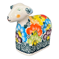 A picture of a Polish Pottery Lamb Figurine (Rainbow Bouquet) | GZW22-AV3 as shown at PolishPotteryOutlet.com/products/lamb-figurine-rainbow-bouquet-gzw22-av3