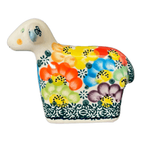 A picture of a Polish Pottery Lamb Figurine (Rainbow Bouquet) | GZW22-AV3 as shown at PolishPotteryOutlet.com/products/lamb-figurine-rainbow-bouquet-gzw22-av3