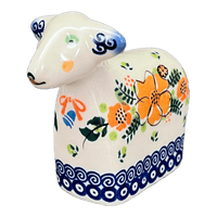 A picture of a Polish Pottery Lamb Figurine (Orange Bouquet) | GZW22-UWP2 as shown at PolishPotteryOutlet.com/products/lamb-figurine-orange-bouquet-gzw22-uwp2