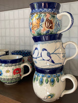 Mug, Belly Mug, 16 oz Large in "Bullfinch on Blue" by Ceramika Artystyczna | A073-U4830
