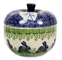 A picture of a Polish Pottery Apple Baker (Bunny Love) | J058T-P324 as shown at PolishPotteryOutlet.com/products/apple-baker-bunny-love