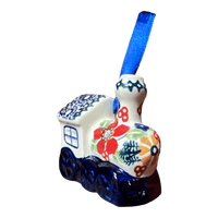 A picture of a Polish Pottery Train Ornament (Ruby Bouquet) | K019S-DPCS as shown at PolishPotteryOutlet.com/products/train-ornament-ruby-bouquet-k019s-dpcs