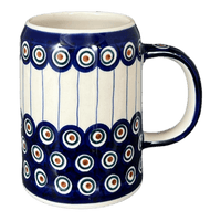 A picture of a Polish Pottery Bavarian Tankard (Peacock in Line) | K054T-54A as shown at PolishPotteryOutlet.com/products/bavarian-tankard-peacock-in-line-k054t-54a